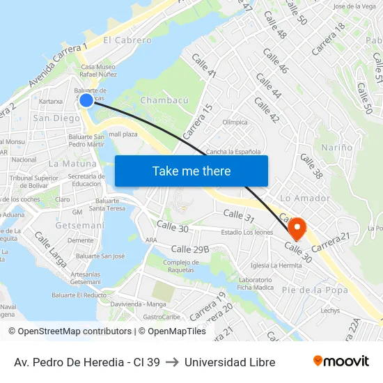 Av. Pedro De Heredia - Cl 39 to Universidad Libre map