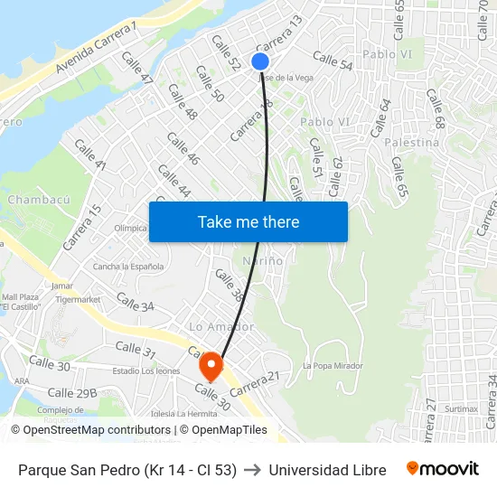 Parque San Pedro (Kr 14 - Cl 53) to Universidad Libre map