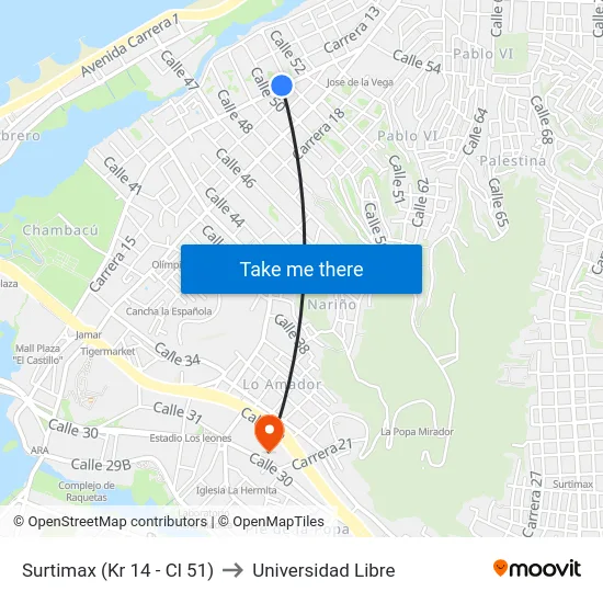Surtimax (Kr 14 - Cl 51) to Universidad Libre map