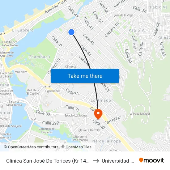 Clínica San José De Torices (Kr 14 - Cl 43) to Universidad Libre map