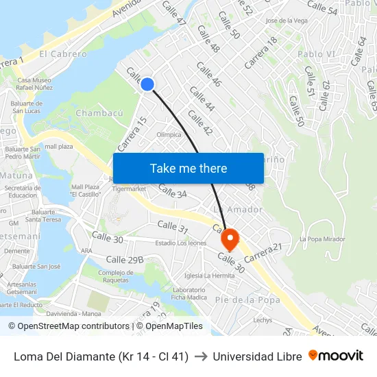Loma Del Diamante (Kr 14 - Cl 41) to Universidad Libre map