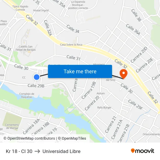 Kr 18 - Cl 30 to Universidad Libre map