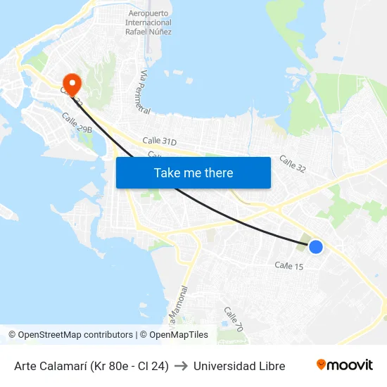 Arte Calamarí (Kr 80e - Cl 24) to Universidad Libre map