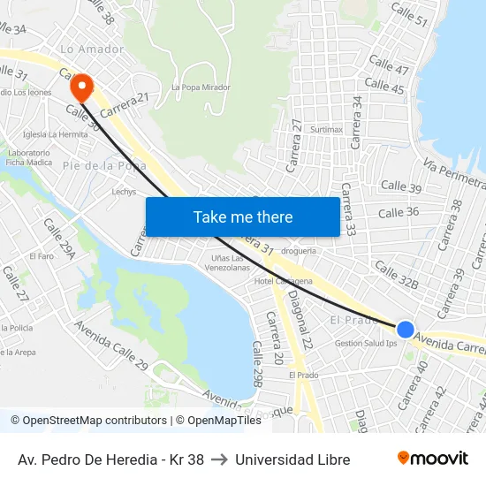 Av. Pedro De Heredia - Kr 38 to Universidad Libre map