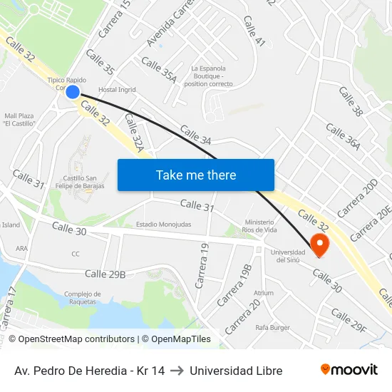 Av. Pedro De Heredia - Kr 14 to Universidad Libre map
