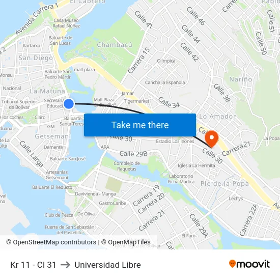 Kr 11 - Cl 31 to Universidad Libre map