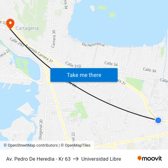 Av. Pedro De Heredia - Kr 63 to Universidad Libre map