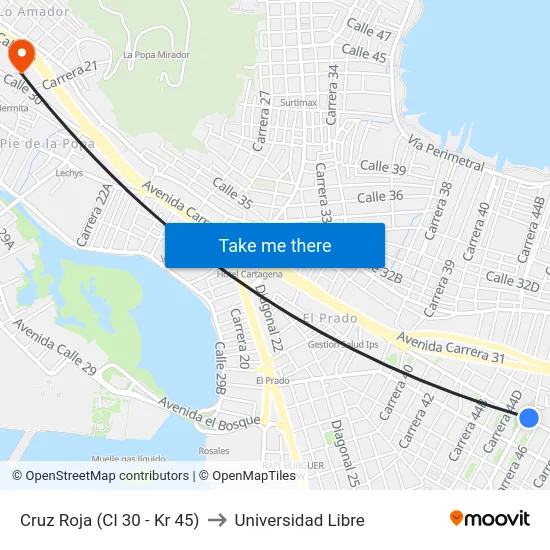 Cruz Roja (Cl 30 - Kr 45) to Universidad Libre map