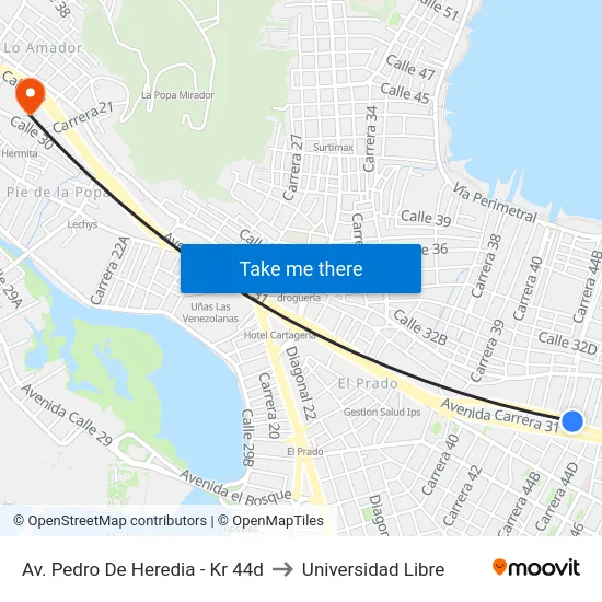 Av. Pedro De Heredia - Kr 44d to Universidad Libre map