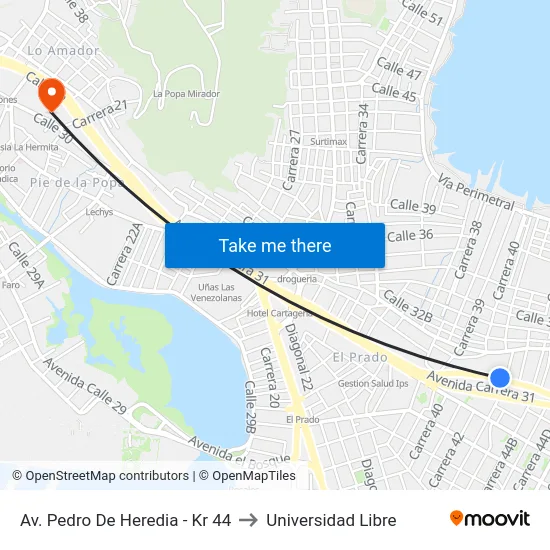 Av. Pedro De Heredia - Kr 44 to Universidad Libre map