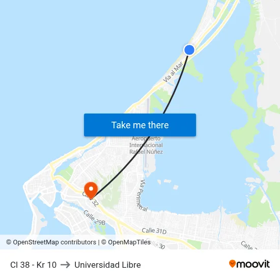 Cl 38 - Kr 10 to Universidad Libre map
