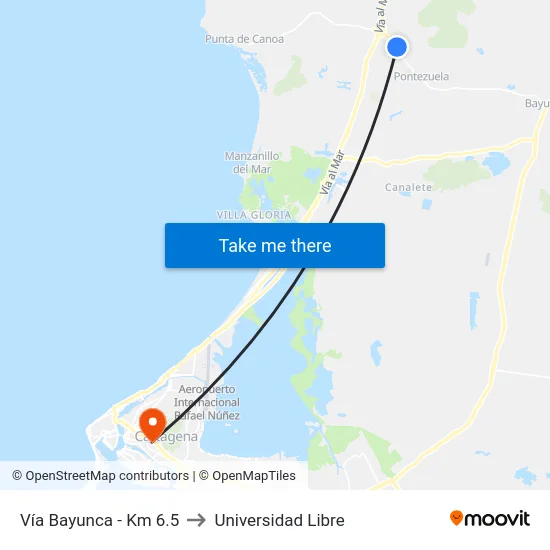 Vía Bayunca - Km 6.5 to Universidad Libre map