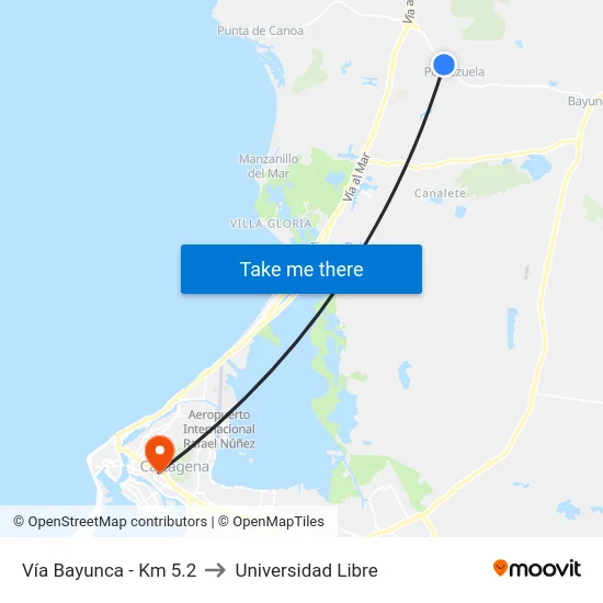 Vía Bayunca - Km 5.2 to Universidad Libre map