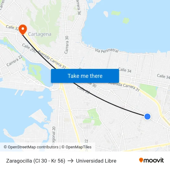 Zaragocilla (Cl 30 - Kr 56) to Universidad Libre map