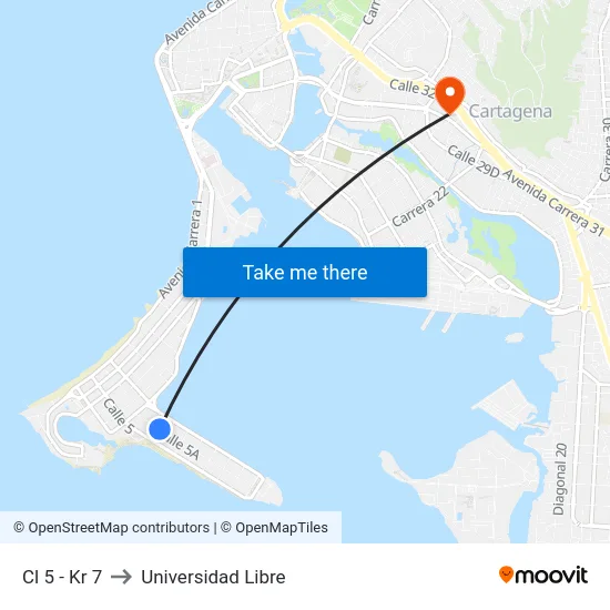 Cl 5 - Kr 7 to Universidad Libre map