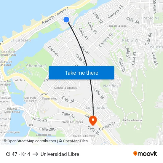 Cl 47 - Kr 4 to Universidad Libre map