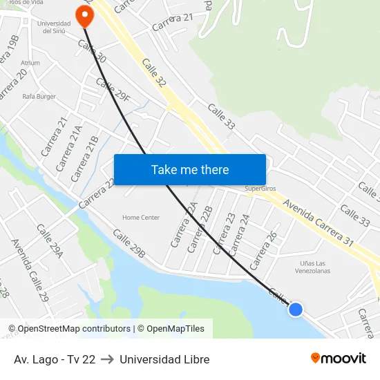 Av. Lago - Tv 22 to Universidad Libre map