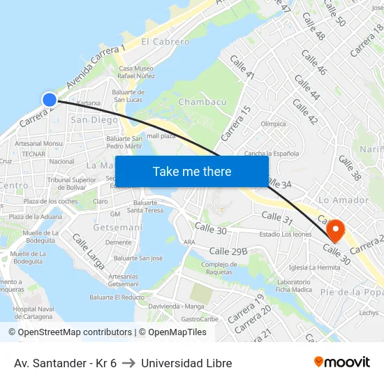 Av. Santander - Kr 6 to Universidad Libre map