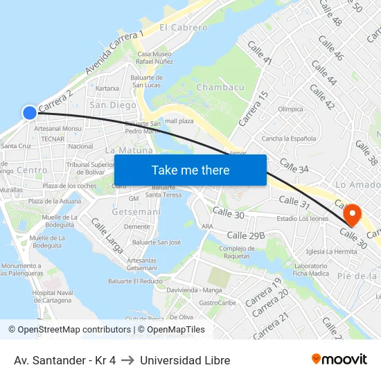 Av. Santander - Kr 4 to Universidad Libre map