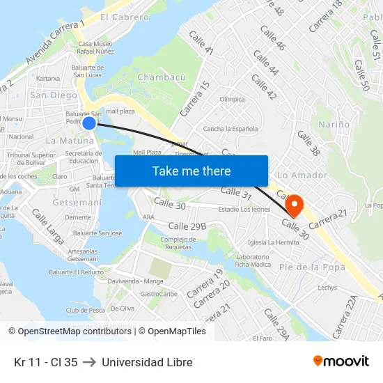 Kr 11 - Cl 35 to Universidad Libre map