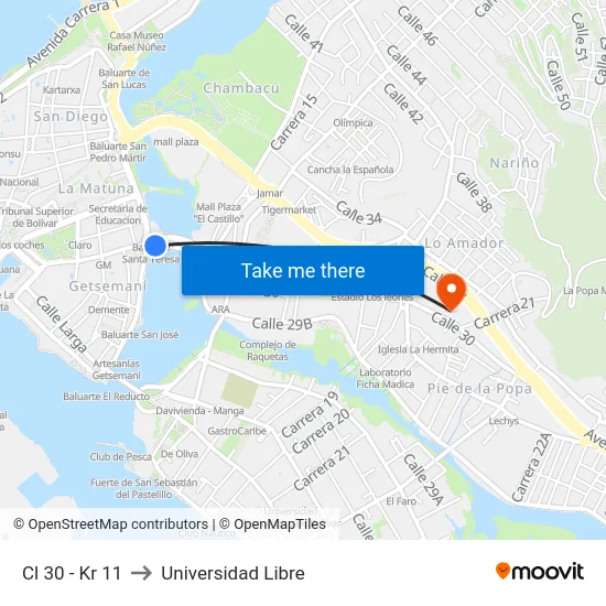 Cl 30 - Kr 11 to Universidad Libre map