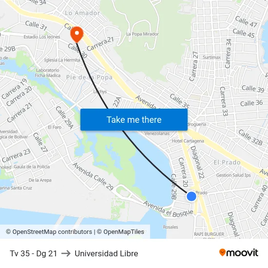 Tv 35 - Dg 21 to Universidad Libre map
