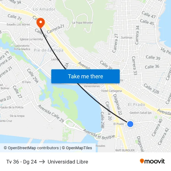 Tv 36 - Dg 24 to Universidad Libre map