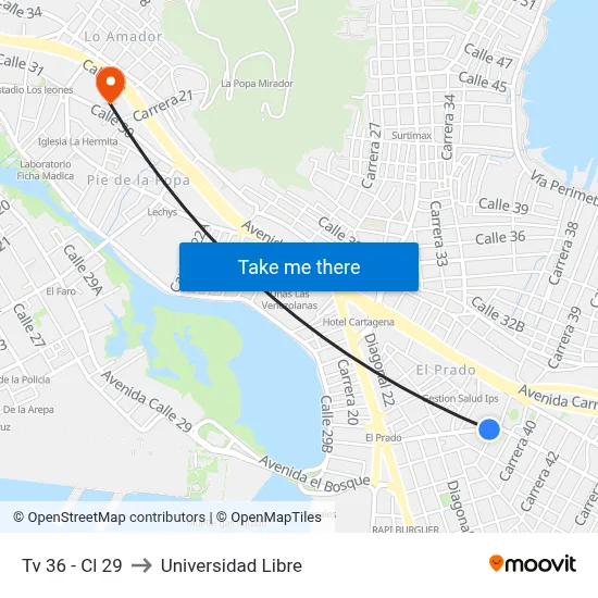 Tv 36 - Cl 29 to Universidad Libre map