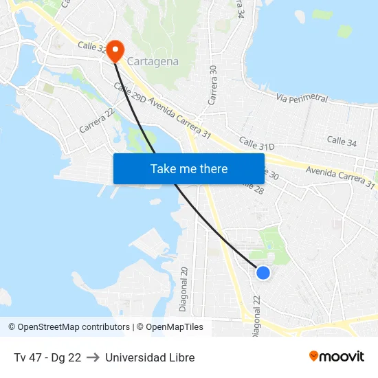 Tv 47 - Dg 22 to Universidad Libre map