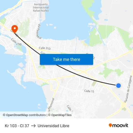 Kr 103 - Cl 37 to Universidad Libre map