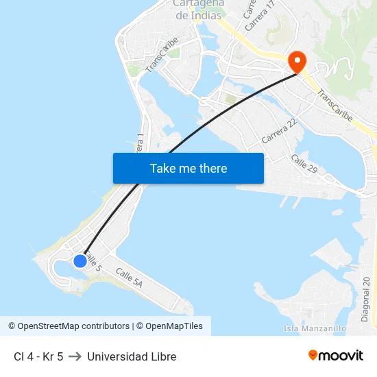 Cl 4 - Kr 5 to Universidad Libre map