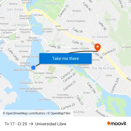 Tv 17 - Cl 25 to Universidad Libre map