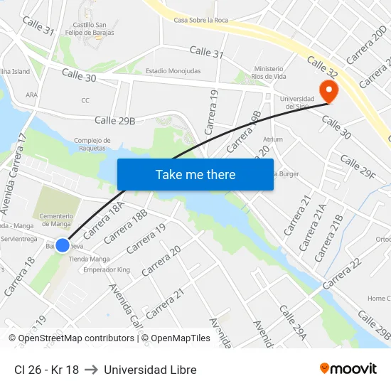 Cl 26 - Kr 18 to Universidad Libre map