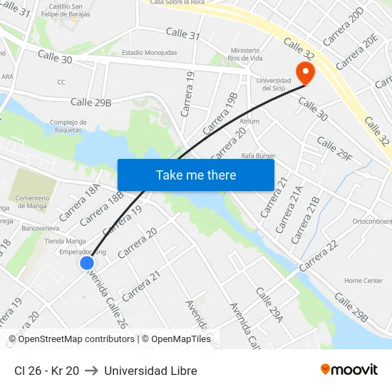 Cl 26 - Kr 20 to Universidad Libre map