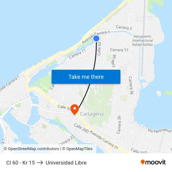 Cl 60 - Kr 15 to Universidad Libre map