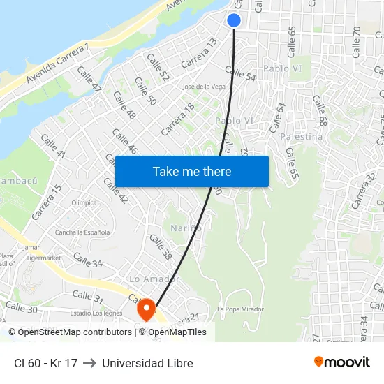 Cl 60 - Kr 17 to Universidad Libre map