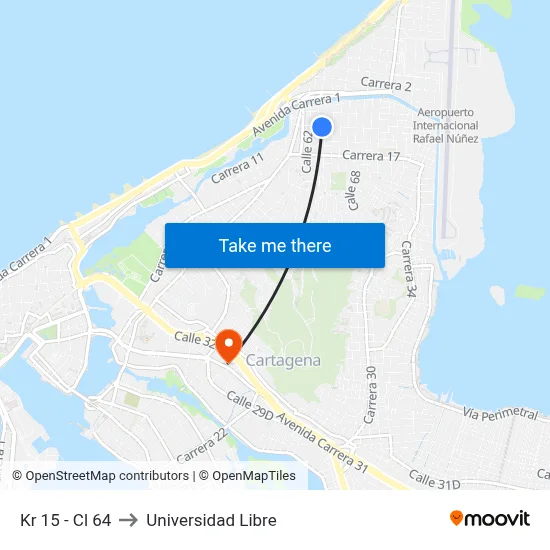Kr 15 - Cl 64 to Universidad Libre map