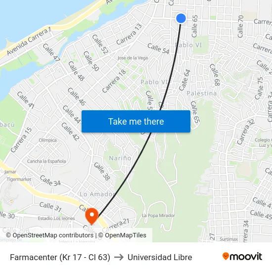 Farmacenter (Kr 17 - Cl 63) to Universidad Libre map