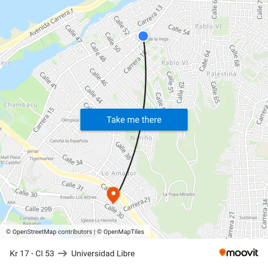 Kr 17 - Cl 53 to Universidad Libre map