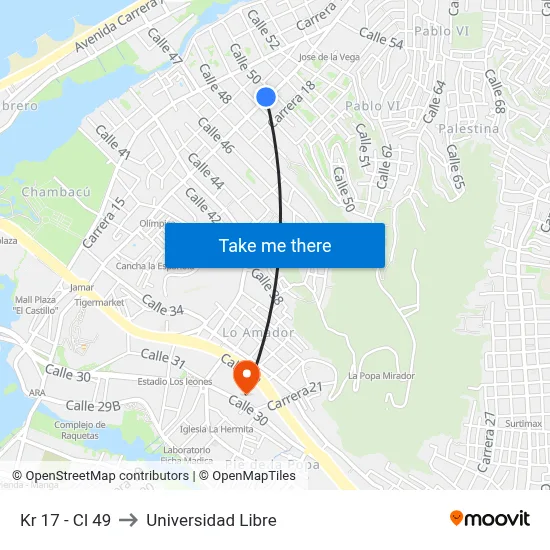 Kr 17 - Cl 49 to Universidad Libre map