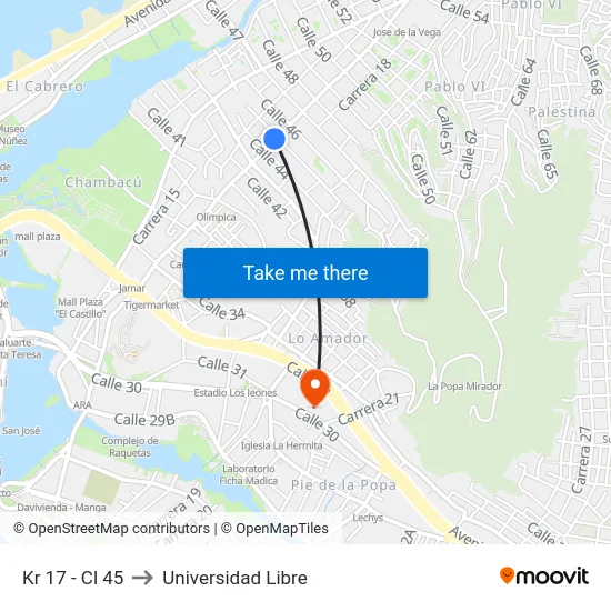 Kr 17 - Cl 45 to Universidad Libre map