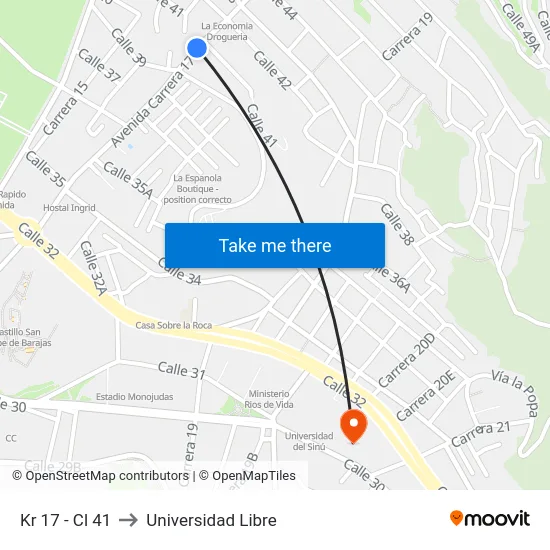 Kr 17 - Cl 41 to Universidad Libre map
