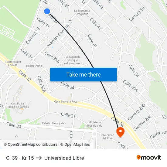 Cl 39 - Kr 15 to Universidad Libre map