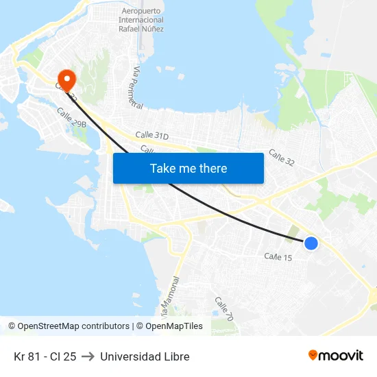 Kr 81 - Cl 25 to Universidad Libre map