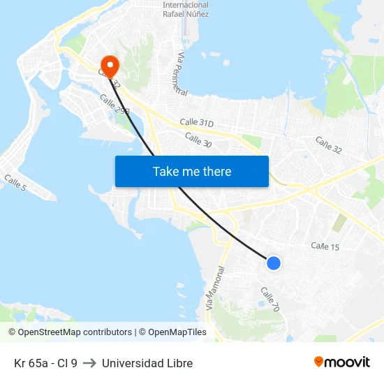 Kr 65a - Cl 9 to Universidad Libre map