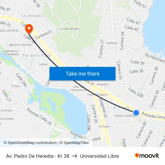 Av. Pedro De Heredia - Kr 38 to Universidad Libre map