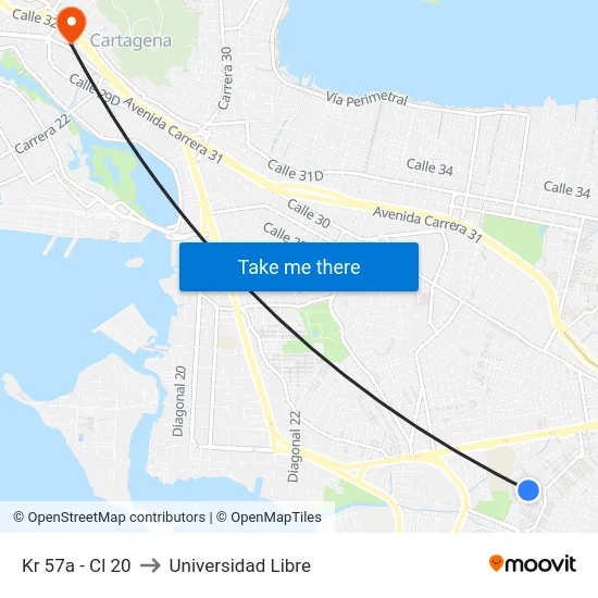 Kr 57a - Cl 20 to Universidad Libre map