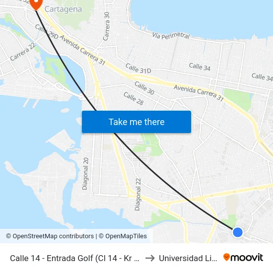 Calle 14 - Entrada Golf (Cl 14 - Kr 57c) to Universidad Libre map