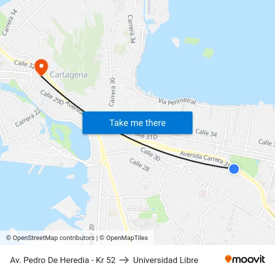 Av. Pedro De Heredia - Kr 52 to Universidad Libre map