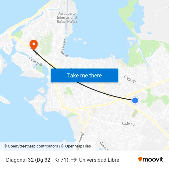 Diagonal 32 (Dg 32 - Kr 71) to Universidad Libre map